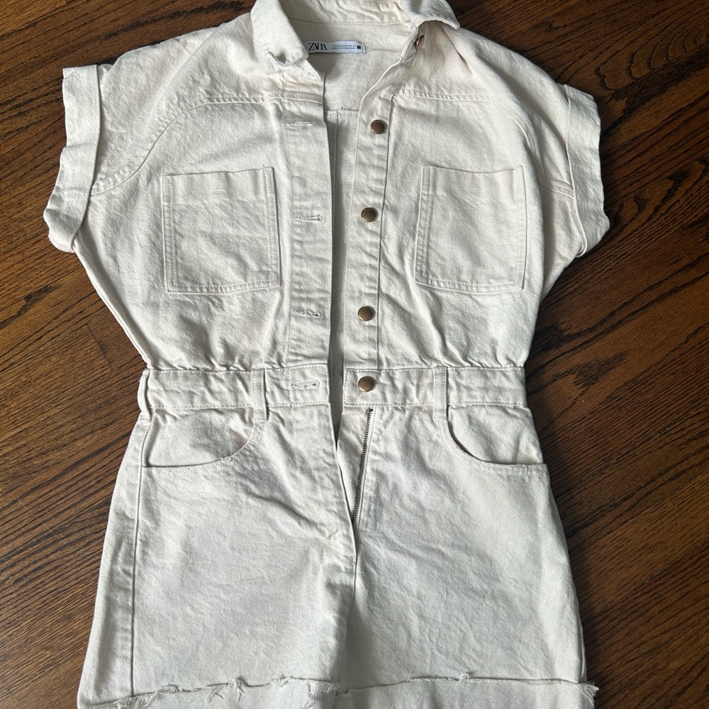 Cream Short Sleeve Denim Romper